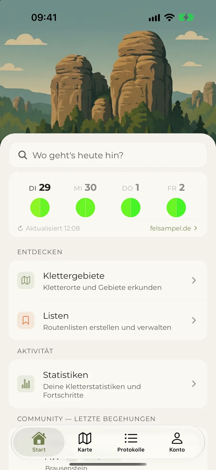 Nuff Startbildschirm: Felsampel, Klettergebiete, Listen, Statistiken
